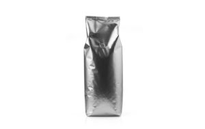 Gold foil coffee bean bag isolated on white background.